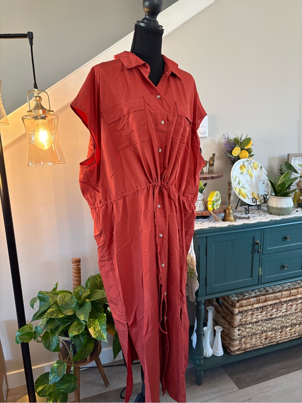 Old Navy Button-Front Drawstring Shirt Dress in Rust